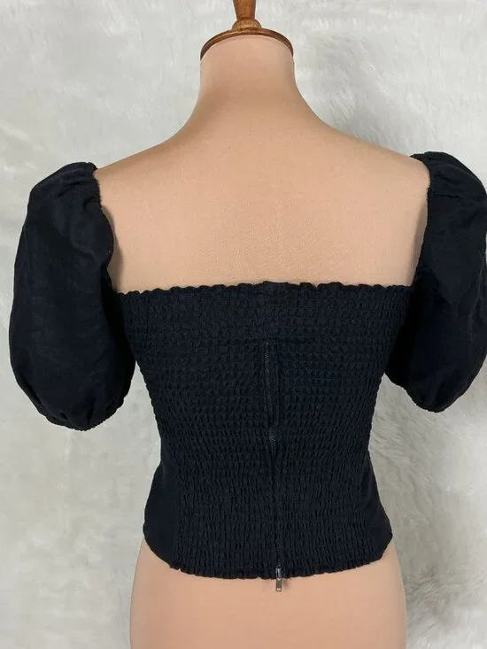 Reformation Arancini Black Linen Puff Sleeve Smocked Back Top 4 - Picture 3 of 7